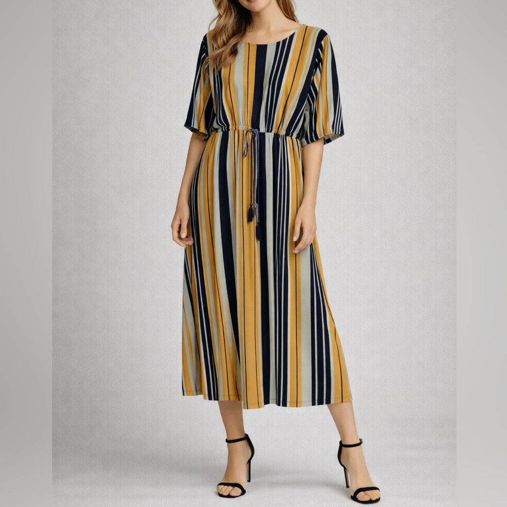 AZUL Moussy Oversized Dress Striped Midi Medium Wide Sleeve Jersey Lined Japan